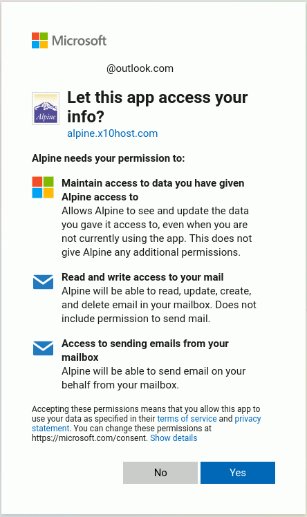 Outlook displays the permissions you will be granting